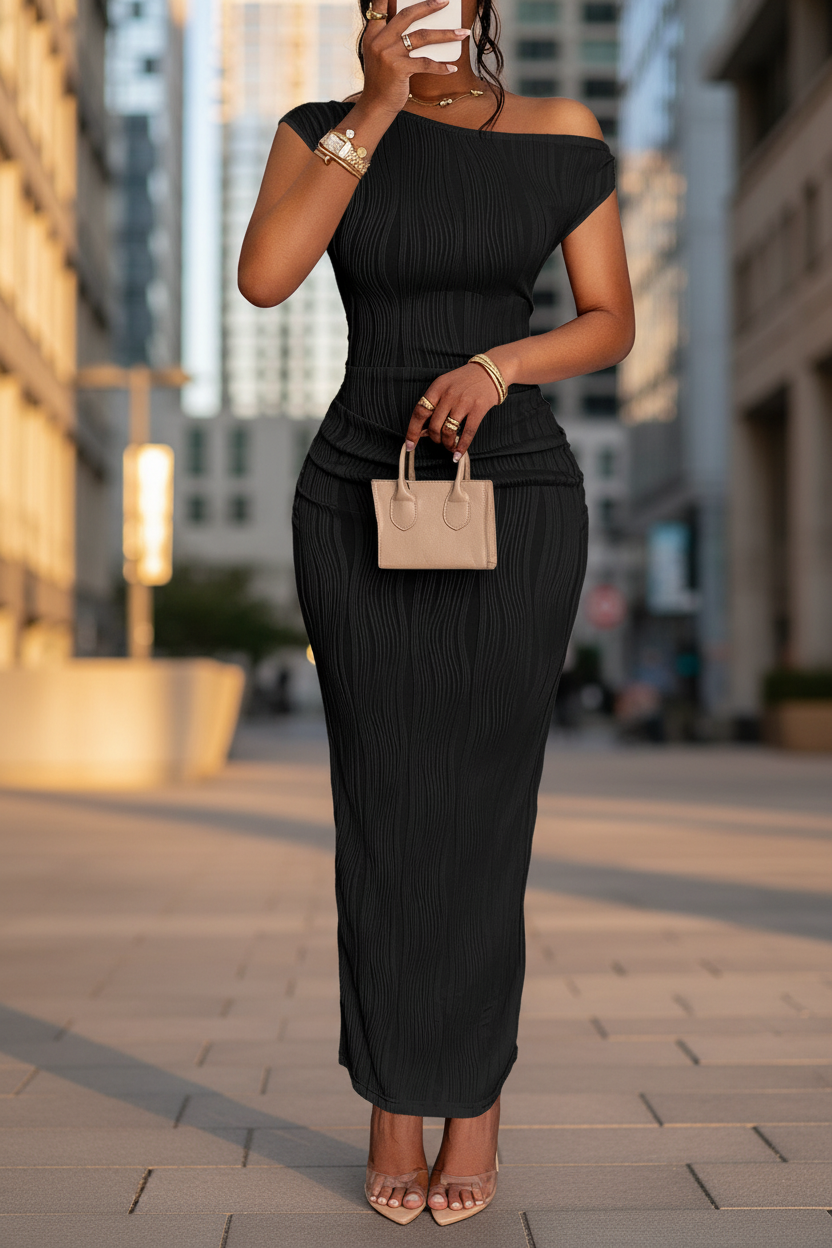 Asymmetric One-Shoulder Textured Maxi Dress