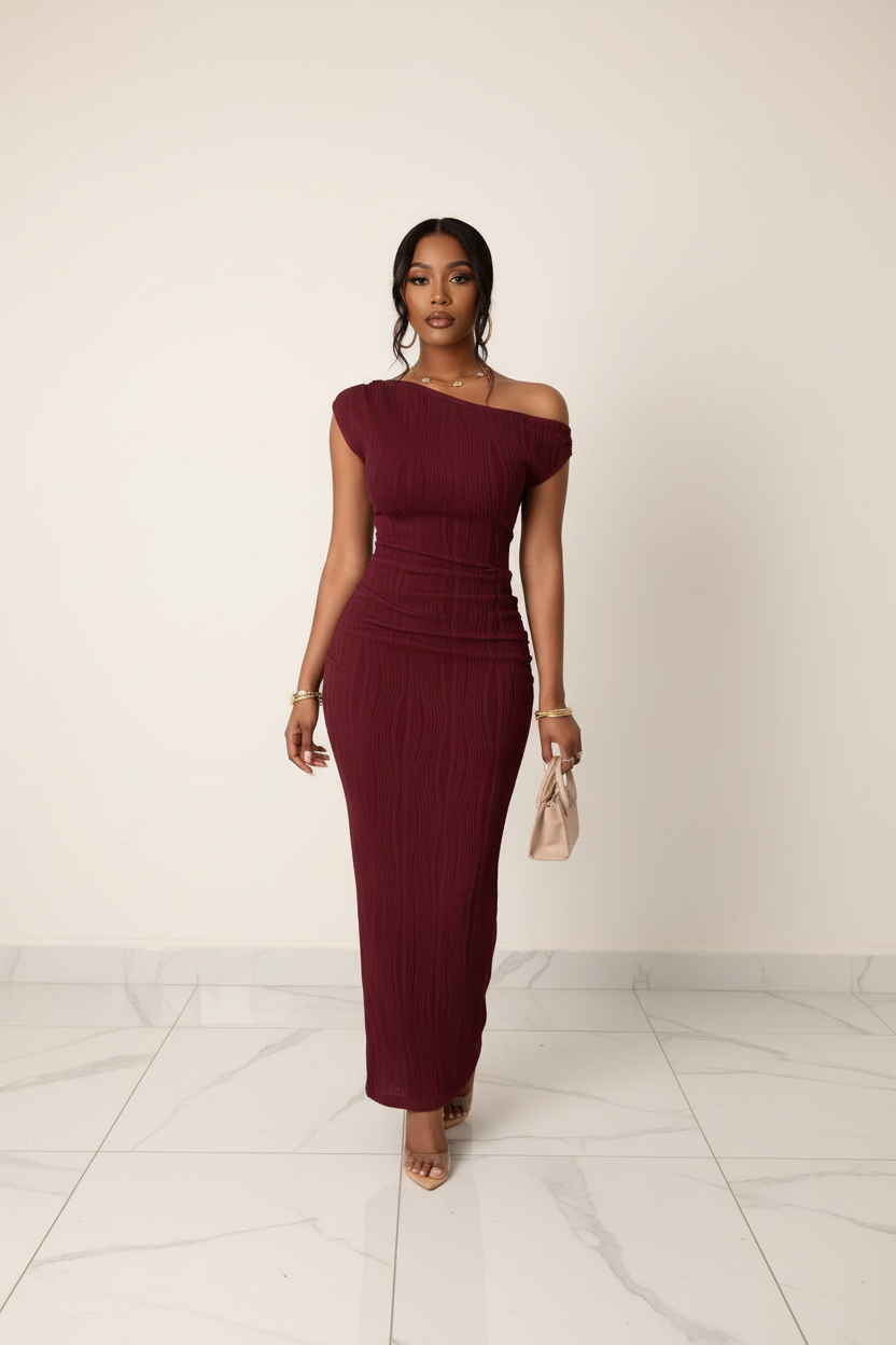 Asymmetric One-Shoulder Textured Maxi Dress