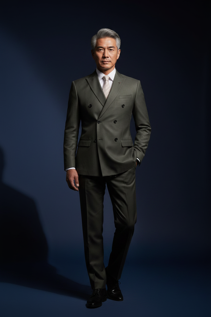 Olive suit on Asian model, dark navy background