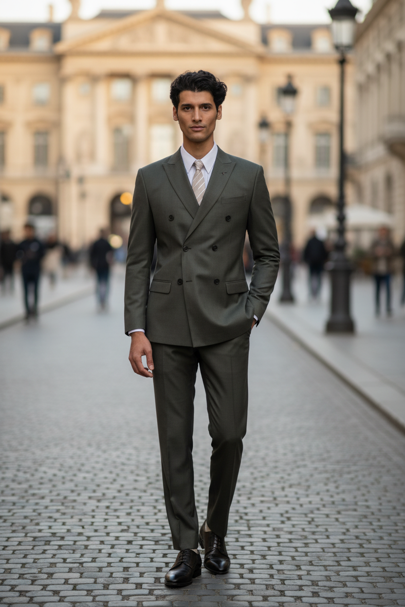Olive suit on Middle Eastern model, European street background