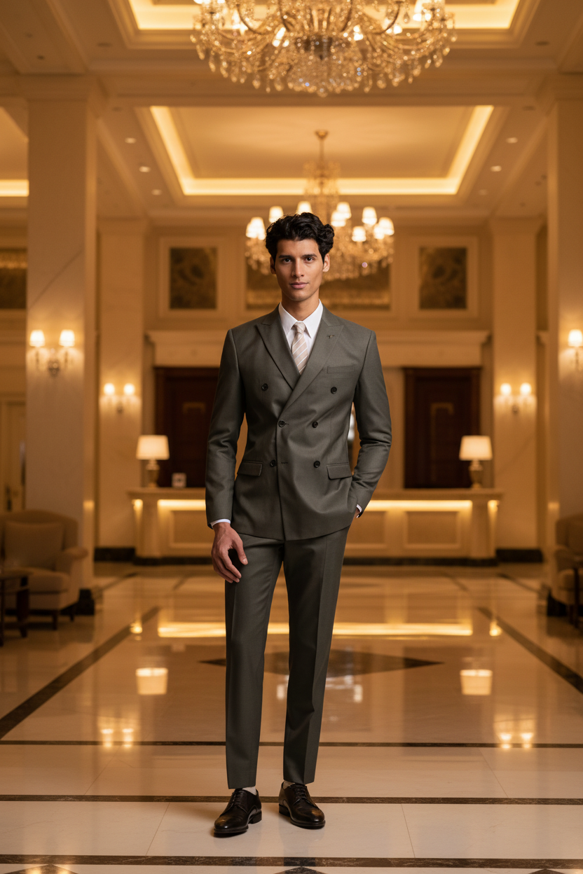 Olive suit on Hispanic model, hotel lobby background