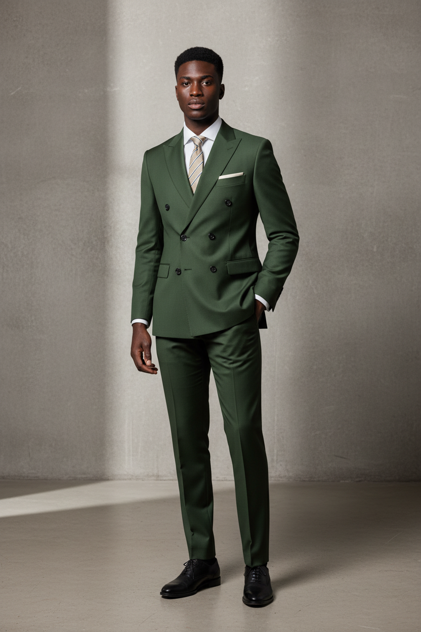 Olive suit on Black model, concrete studio background