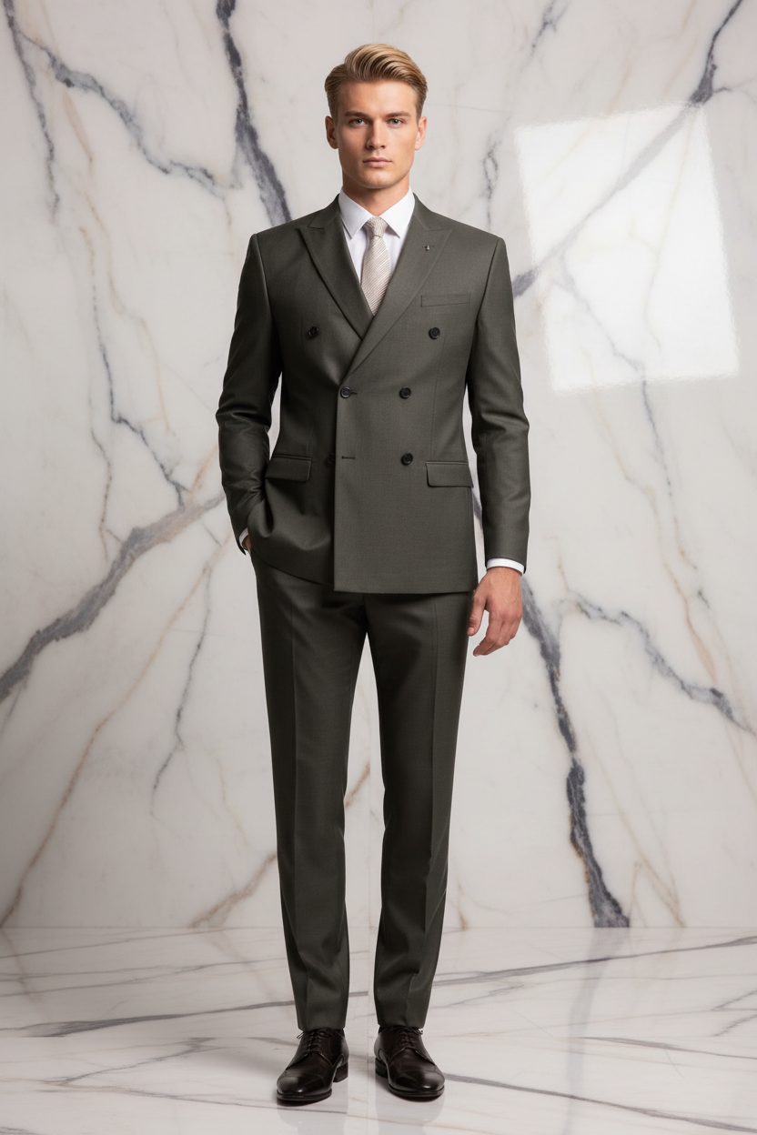 Olive suit on blonde model, marble studio background